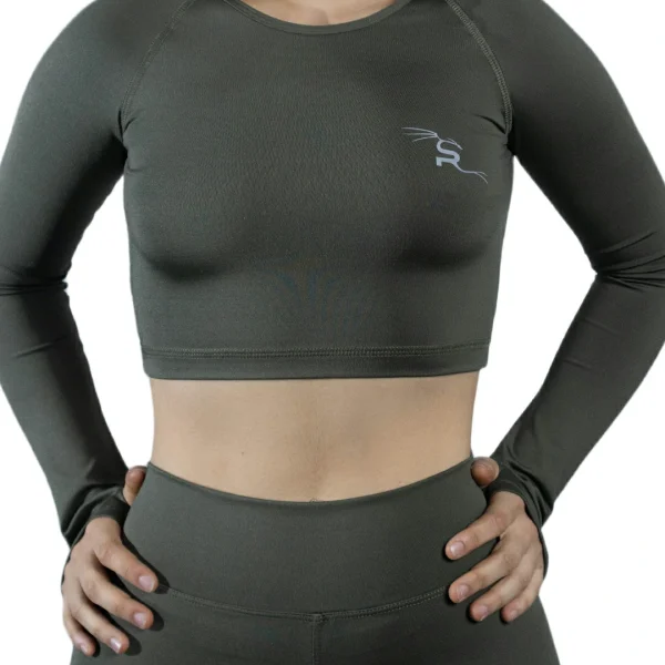 MIRO SPORTS CROP TOP VERDE MILITAR MANGA LARGA REFELX MIRO SPORTS FRENTE